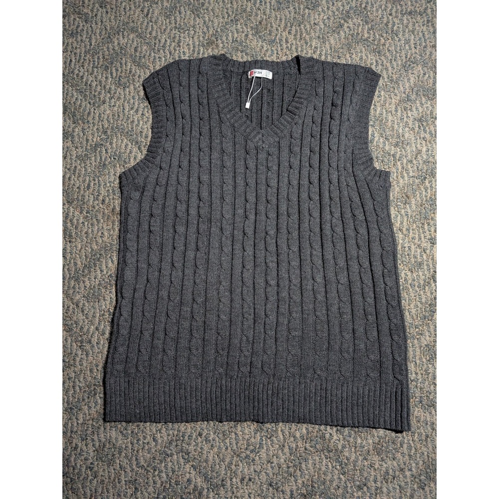 H2H Mens Cable Knit Sweater Vest Charcoal Gray V-Neck Sleeveless Large